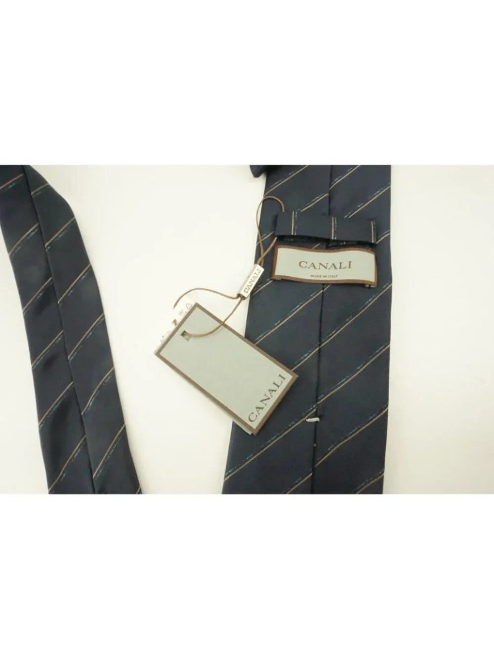 Canali Navy Blue Tortilla Beige Repp Striped Silk Tie Brand New With Tags